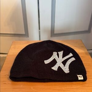 47 Black Beanie with Silver Sequin NY Yankee Logo